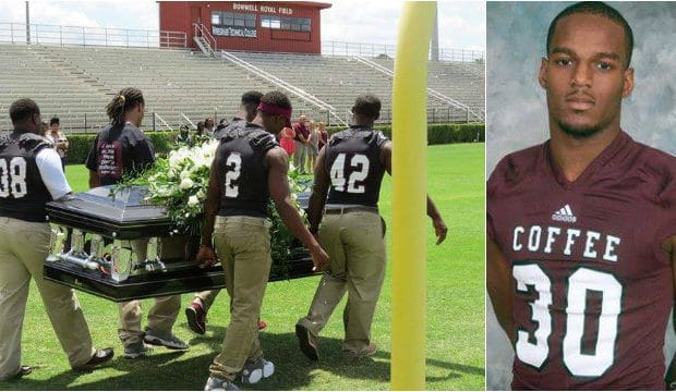 Football players carry fallen teammate’s coffin across field in tribute